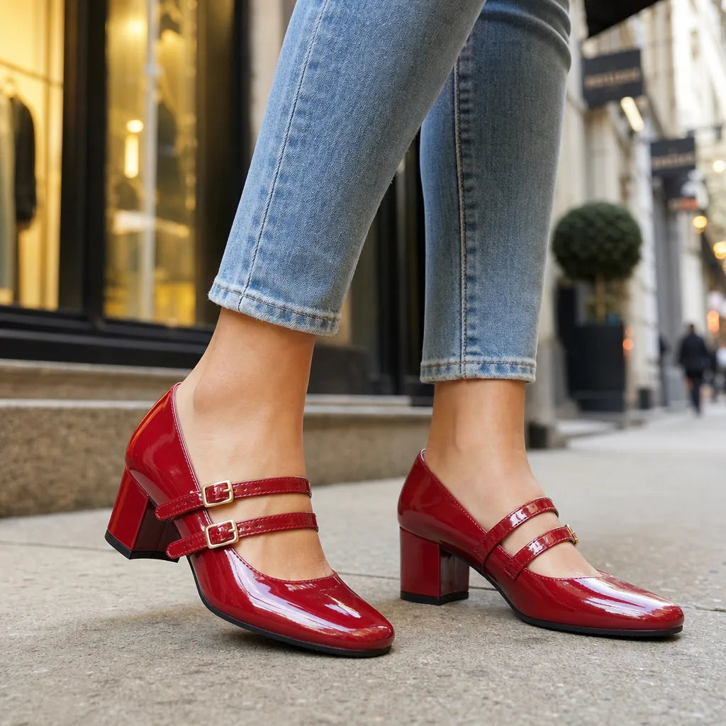 Corinne patent block heel Mary Janes