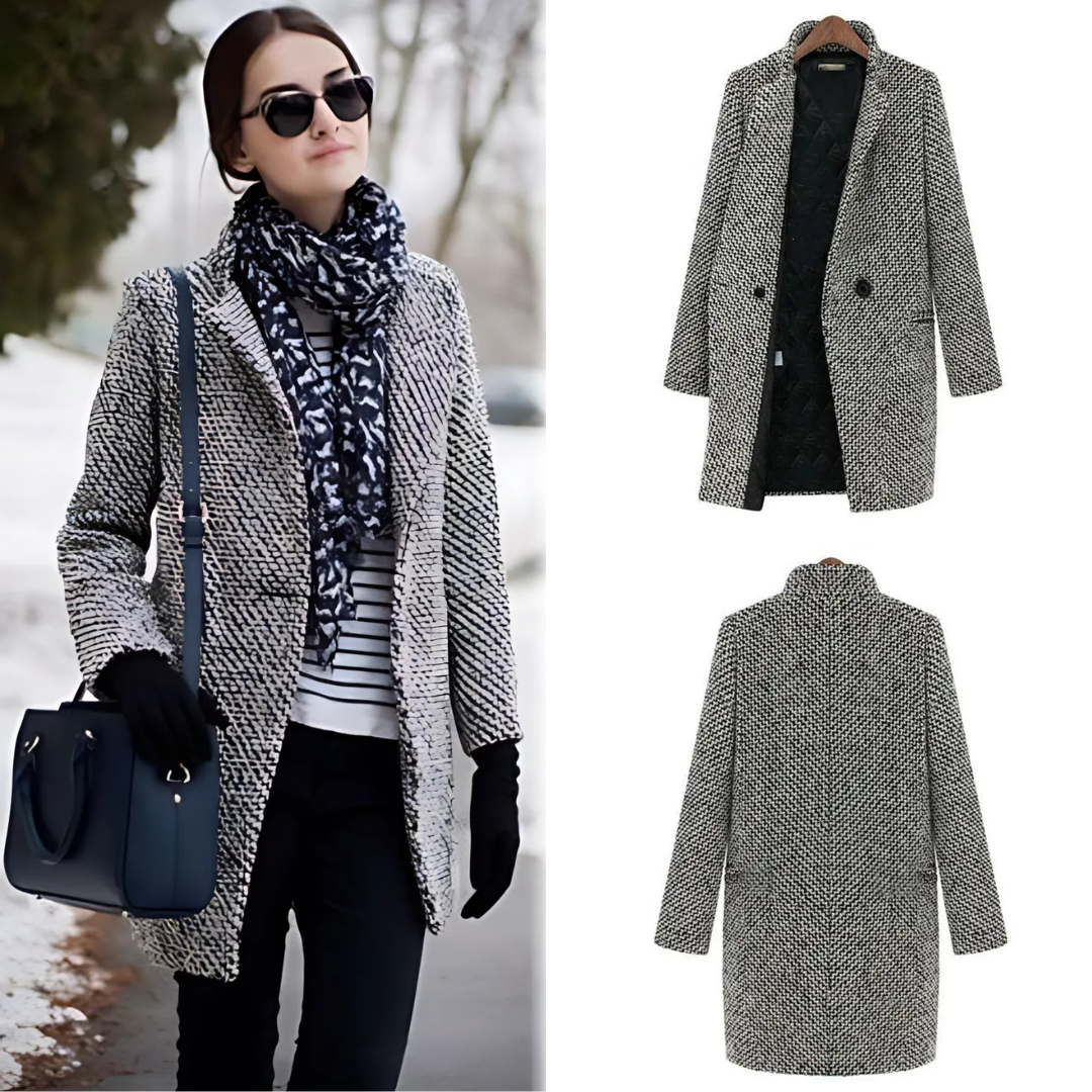 Amara long wool coat shown in a tailored, elegant silhouette for everyday layering
