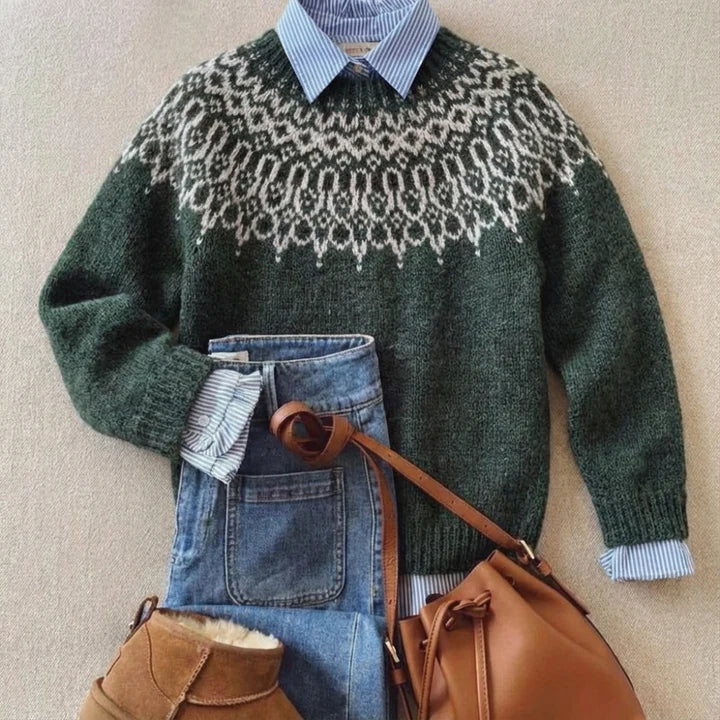Tundra green classic vintage knit sweater with a soft, cosy texture