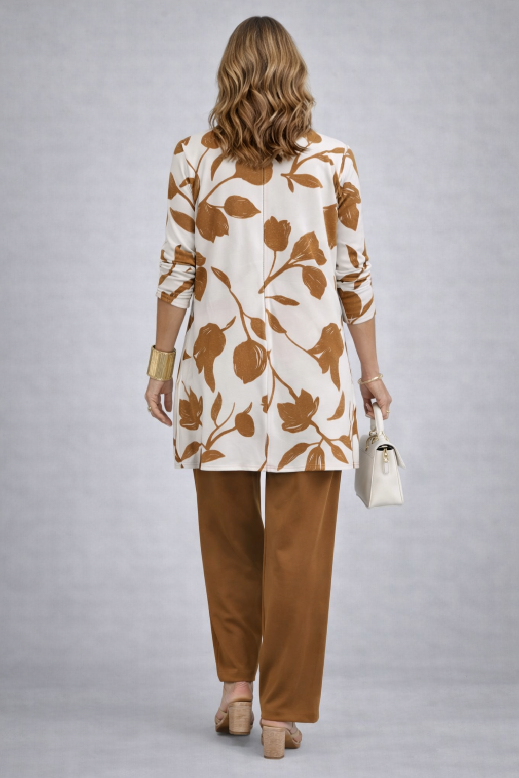 Esmeray brown coordinated three-piece set styled together as a complete outfit
