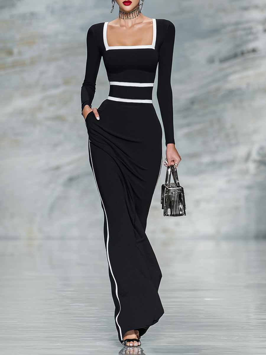 Violet black dress with white trim and square neckline