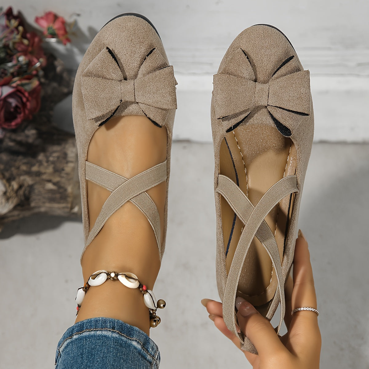 Krysa stylish wedge flats with crossed elastic bands, shown in neutral colours