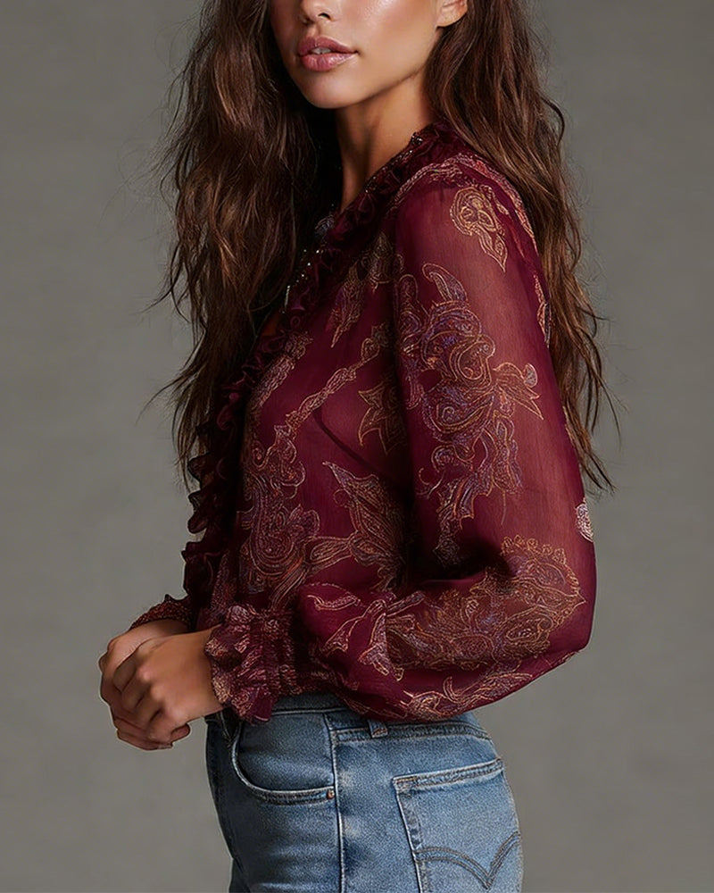 Demi zip-front ruffled retro blouse shown in navy blue, burgundy, black, green and blue