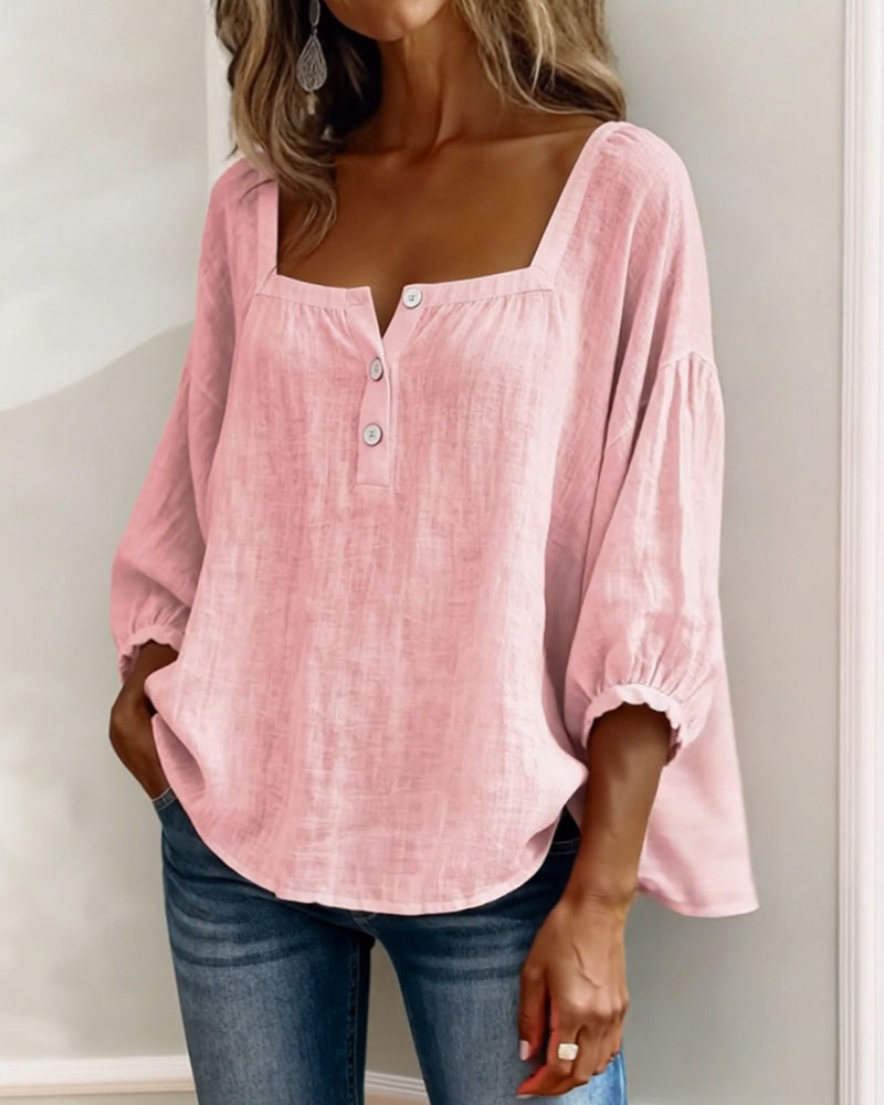 Diane square neck lantern sleeve shirt shown in soft everyday colours