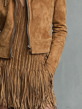 Bel cropped suede-look lapel jacket in warm brown, shown from the front