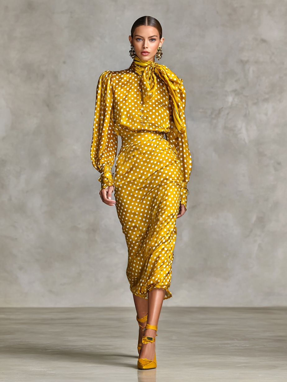 Vivienne vintage-style yellow satin polka dot dress with a flattering silhouette