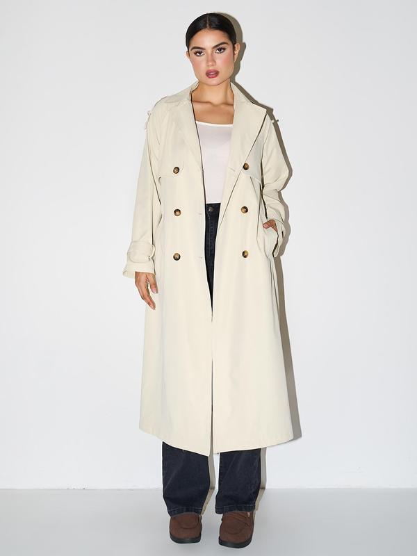 Solana double breasted trench coat shown in mustard yellow, black, khaki, burgundy and beige