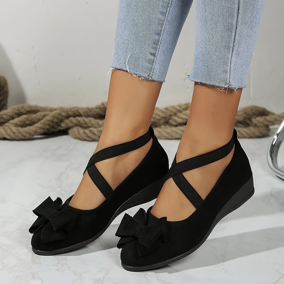 Krysa stylish wedge flats with crossed elastic bands, shown in neutral colours
