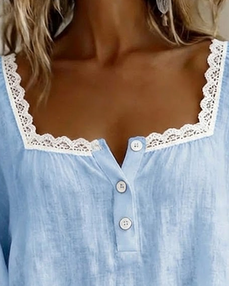 Cheryl lace blouse with puff sleeves shown in white, blue and pink
