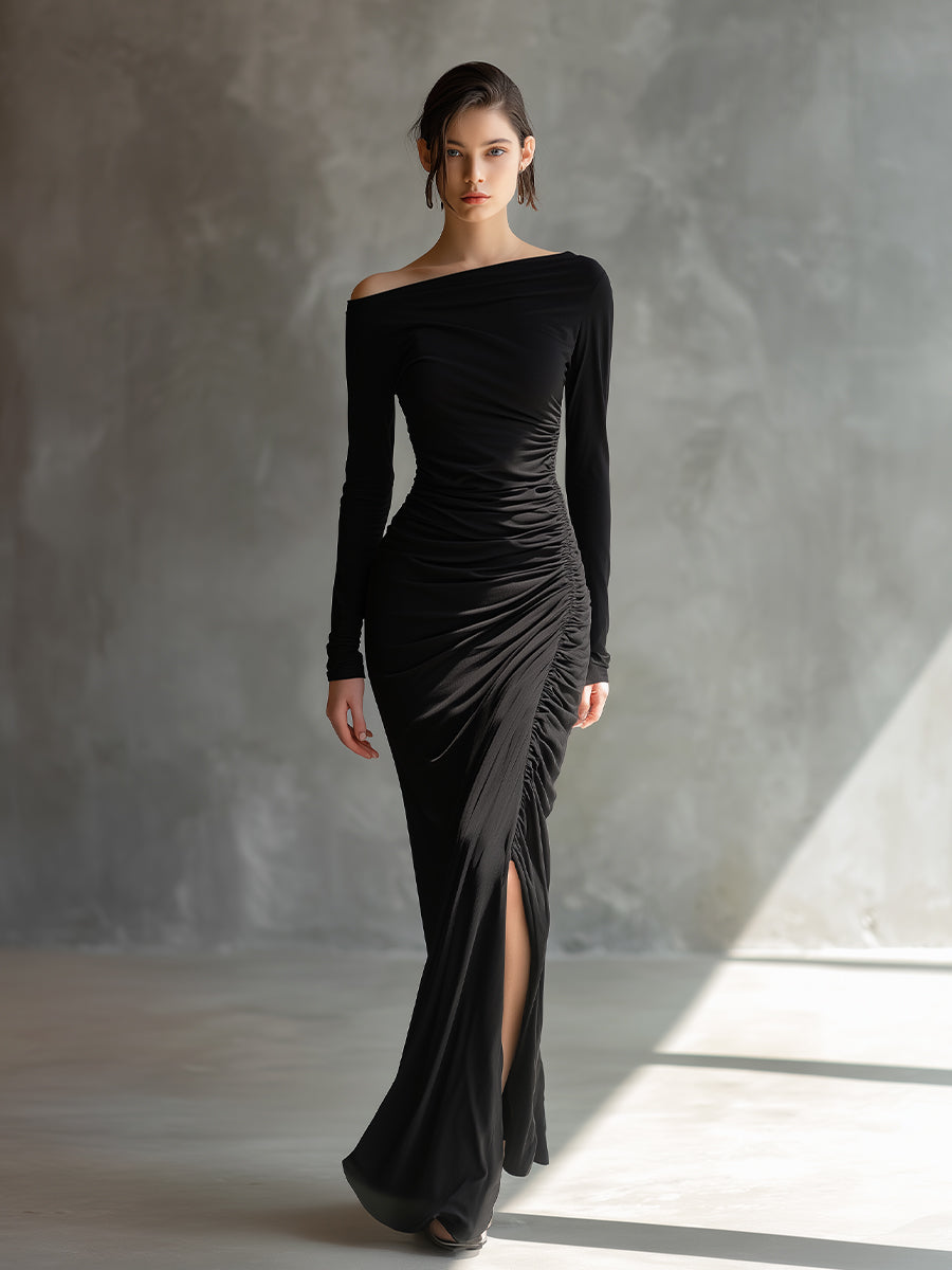 Aggie black off-shoulder jersey dress with a flattering elegant silhouette