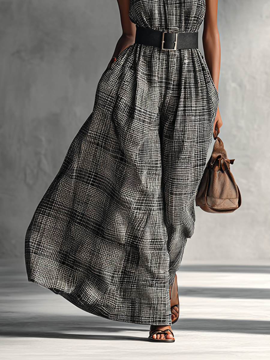 Gray plaid high collar sleeveless top for women, styled for warm-weather days