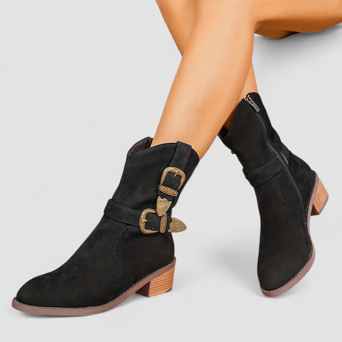 Rosa orthopedic Western boots in soft suede with a supportive block heel and non-slip outsole