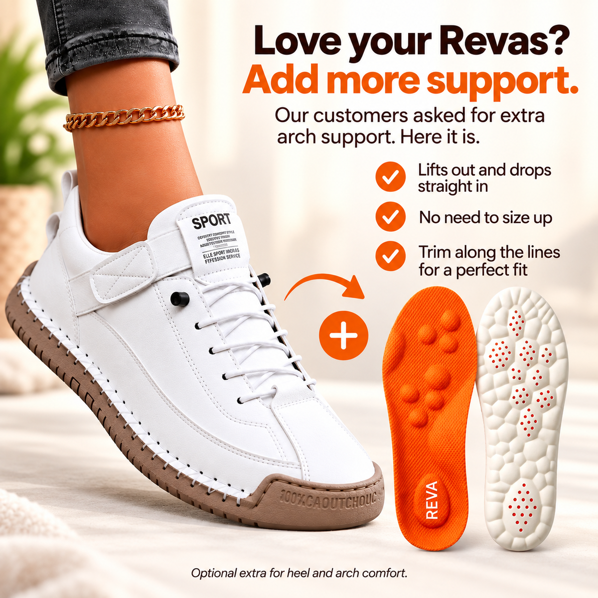 Cushioned arch support insoles with deep heel cup in orange, black and grey