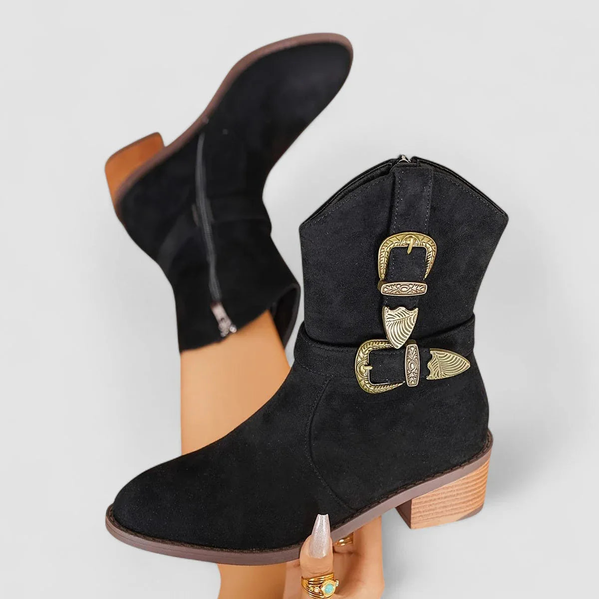 Rosa orthopedic Western boots in soft suede with a supportive block heel and non-slip outsole