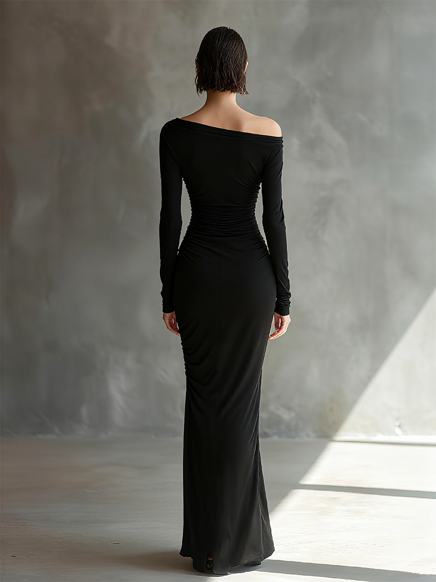Aggie black off-shoulder jersey dress with a flattering elegant silhouette