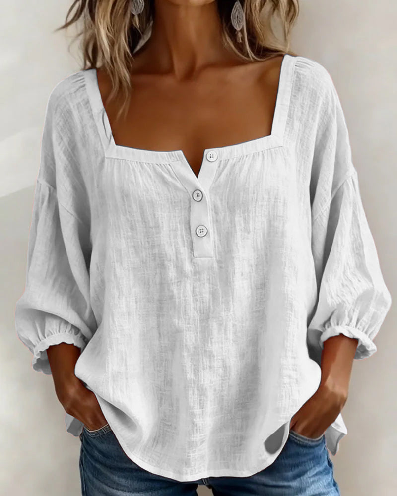 Diane square neck lantern sleeve shirt shown in soft everyday colours
