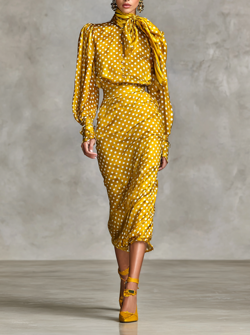 Vivienne vintage-style yellow satin polka dot dress with a flattering silhouette