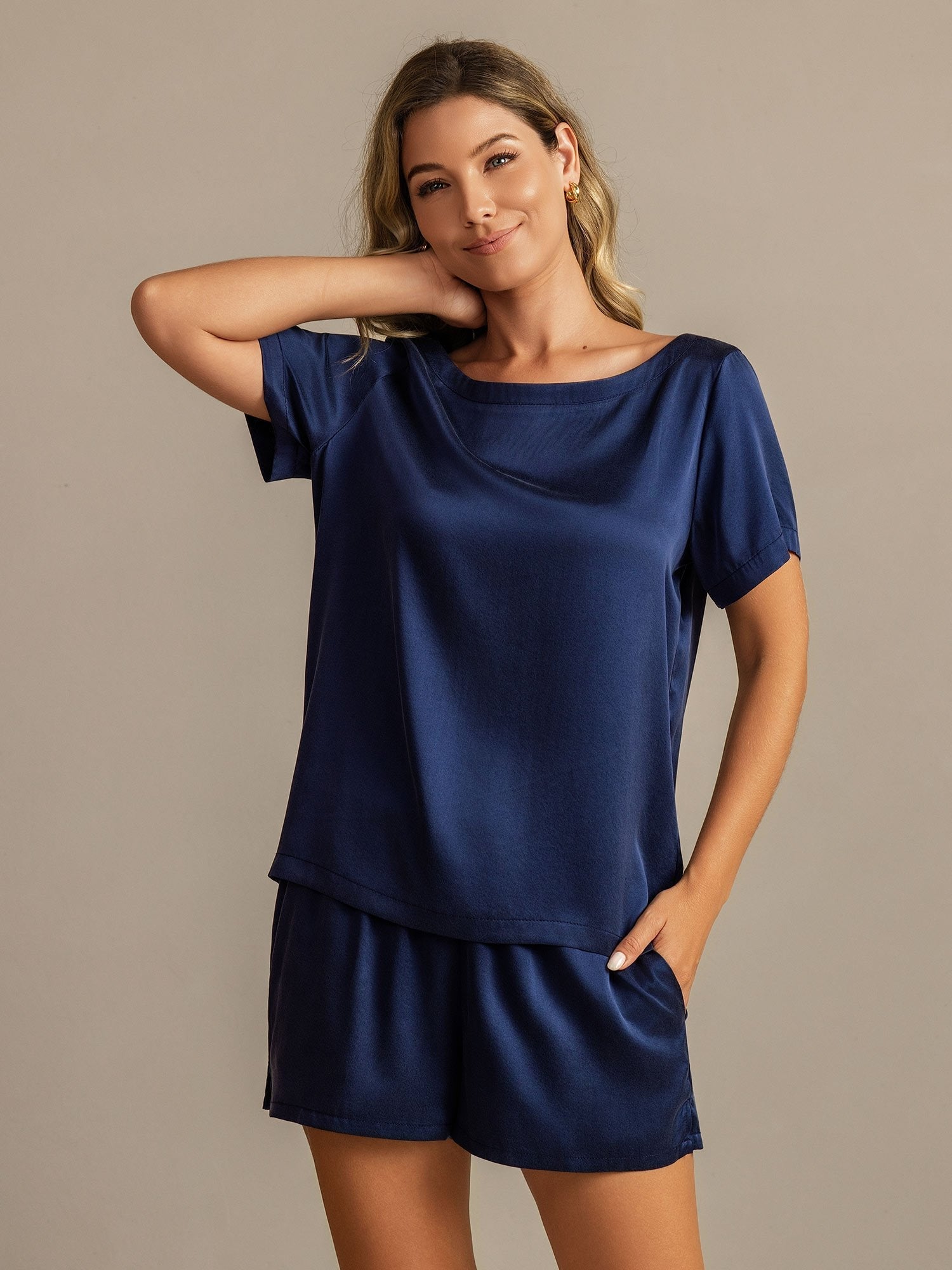 Mae soft mulberry silk pyjama set shown in an elegant matching top and bottom