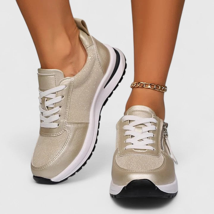 Florayne elegant zip shoes with cushioned sole, shown in silver, gold, black and brown