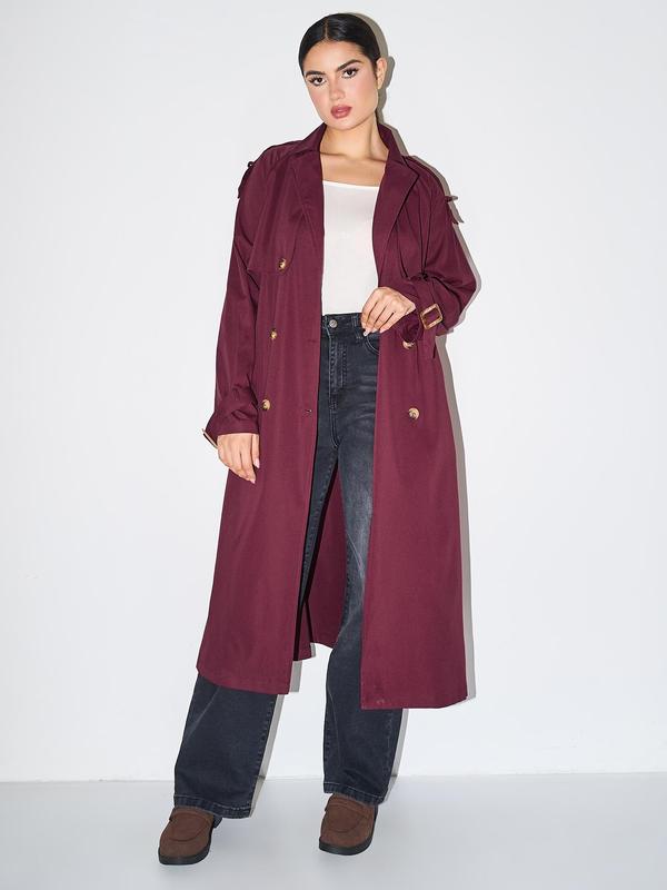 Solana double breasted trench coat shown in mustard yellow, black, khaki, burgundy and beige