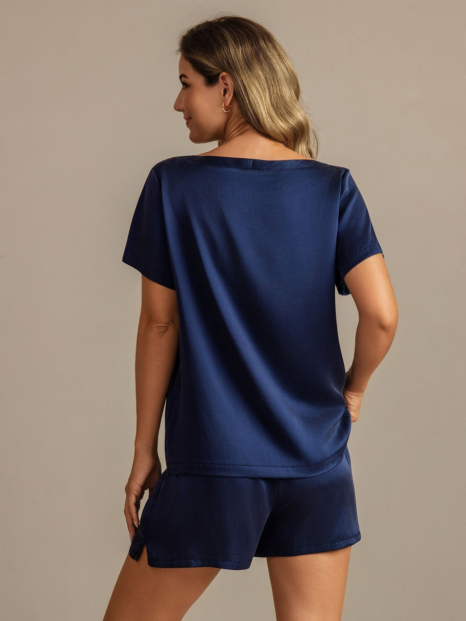 Mae soft mulberry silk pyjama set shown in an elegant matching top and bottom