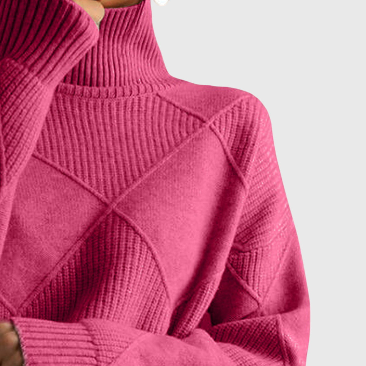 Angela relaxed-fit turtleneck jumper with subtle geometric knit pattern and ribbed cuffs