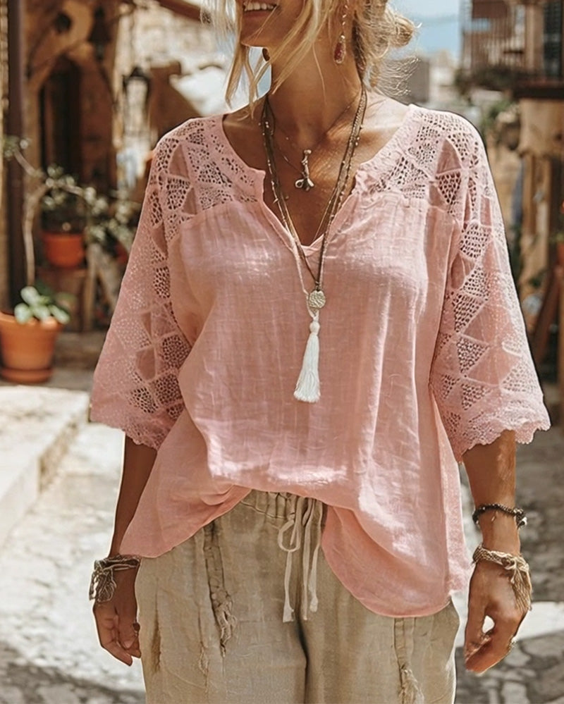 Cynthia v-neck blouse with lace detail, shown in white, blue and pink