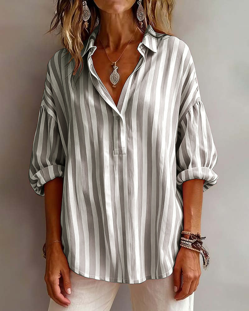 Deborah wide striped collared blouse shown in pink, gray and khaki