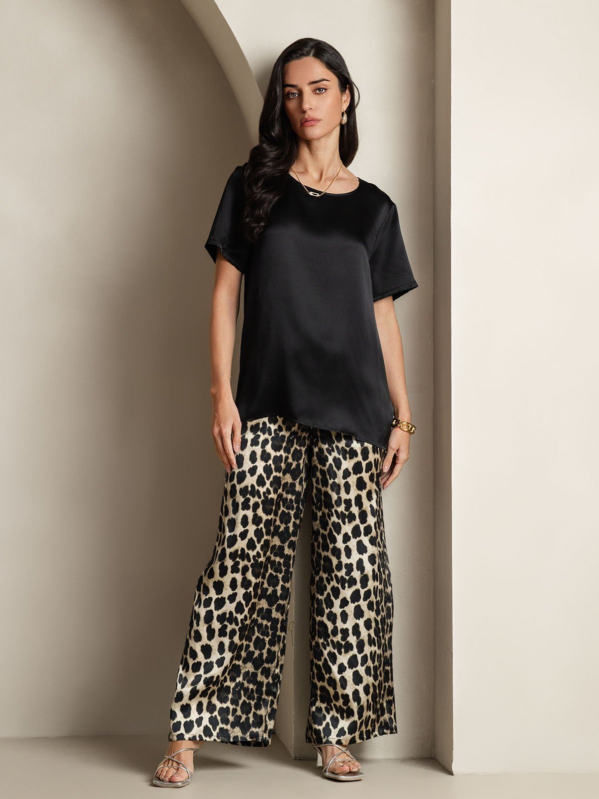 Lydia pure mulberry silk pyjama set in multi, a coordinated top and bottom sleepwear set