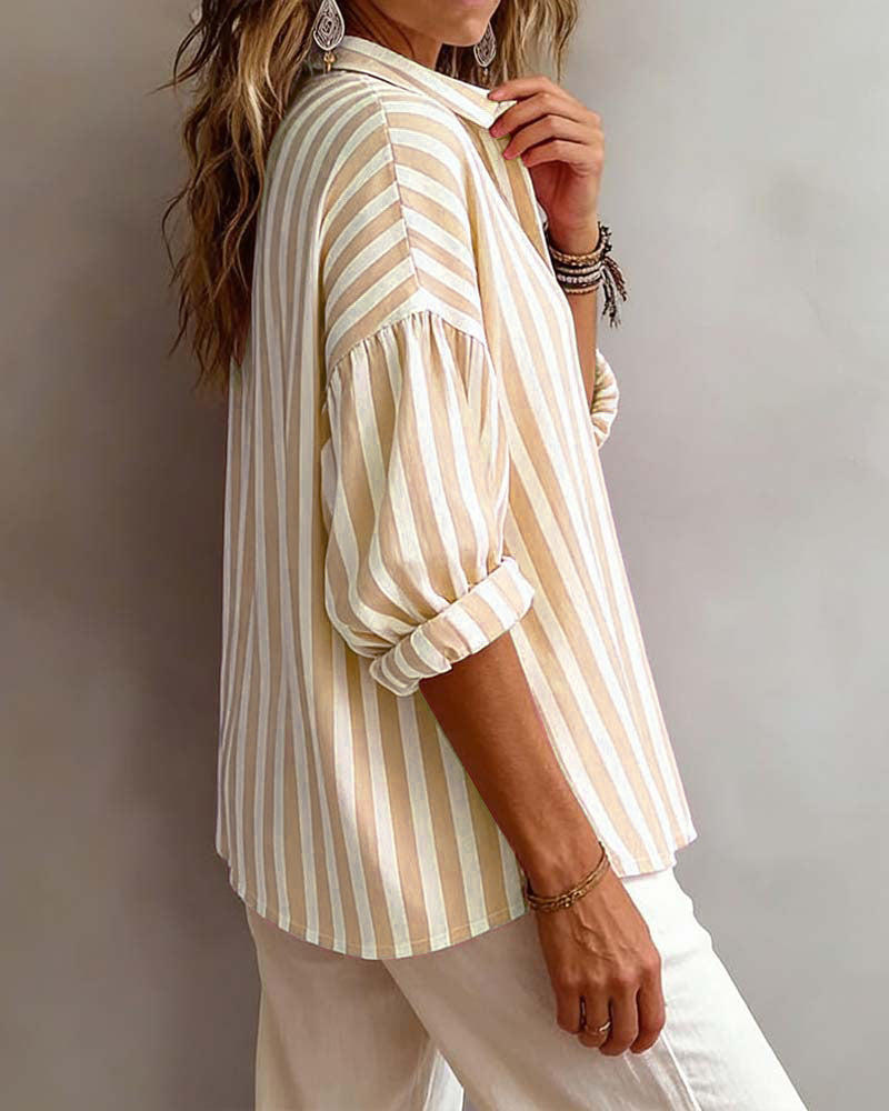 Deborah wide striped collared blouse shown in pink, gray and khaki