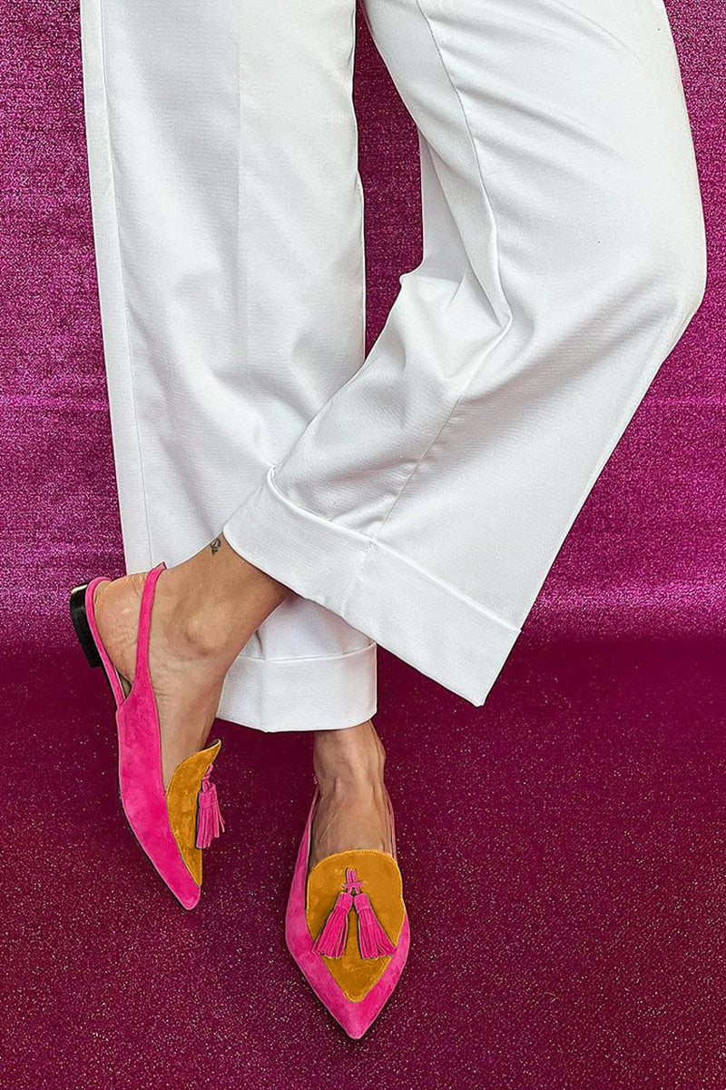 Colourful fringe ballet flats with decorative ankle strap in green, yellow and purple