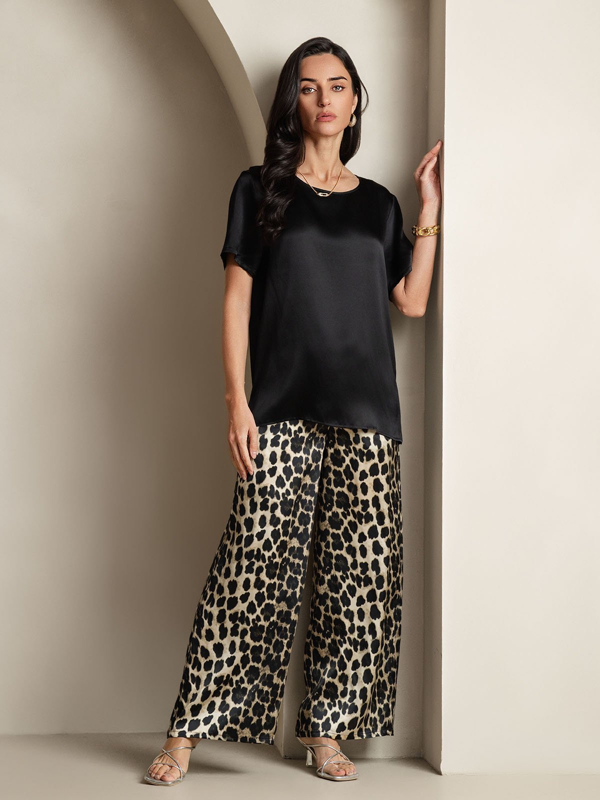 Lydia pure mulberry silk pyjama set in multi, a coordinated top and bottom sleepwear set