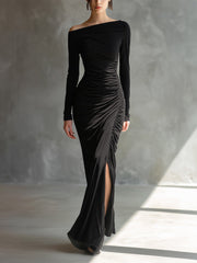 Aggie black off-shoulder jersey dress with a flattering elegant silhouette