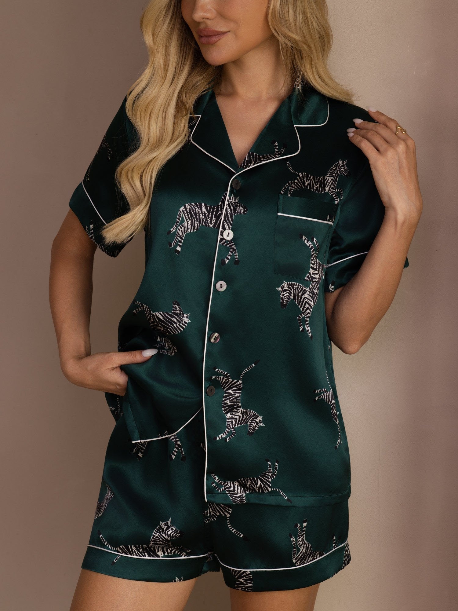 Mara embroidered pure silk pyjama set in emerald zebra print