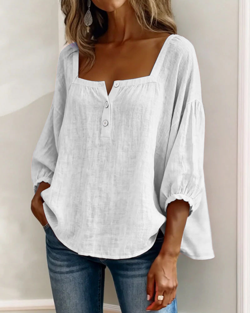 Diane square neck lantern sleeve shirt shown in soft everyday colours