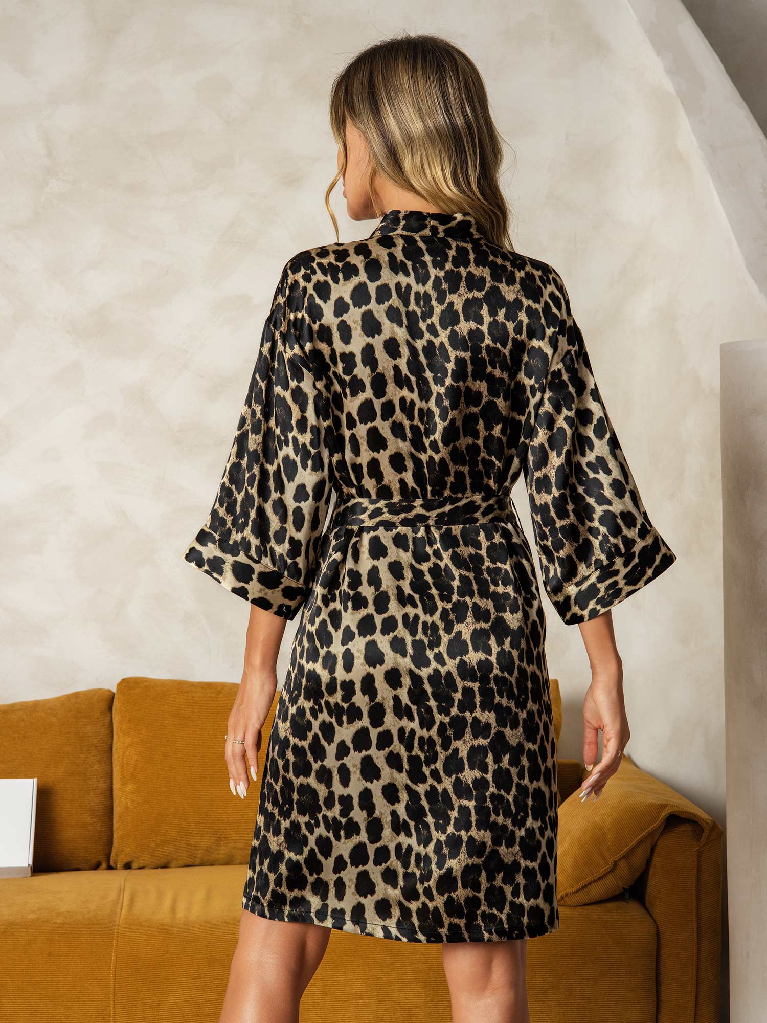 Lucia timeless kimono robe in pure silk with leopard print, elegant draped silhouette