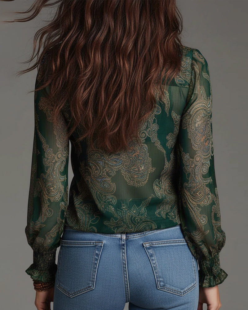 Demi zip-front ruffled retro blouse shown in navy blue, burgundy, black, green and blue