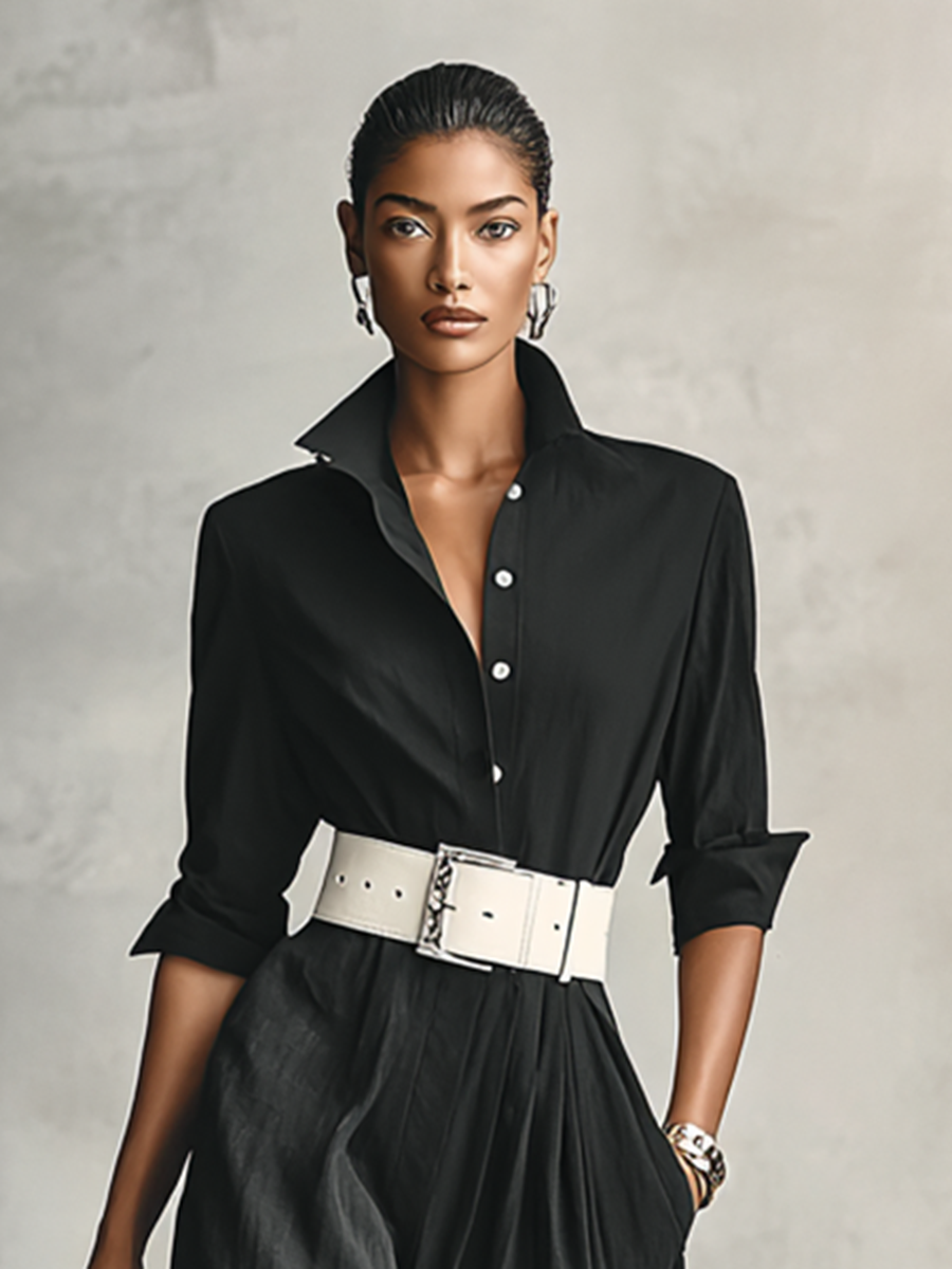 Black longline single-breasted jacket with a classic lapel, worn open