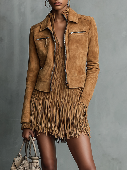 Bel cropped suede-look lapel jacket in warm brown, shown from the front