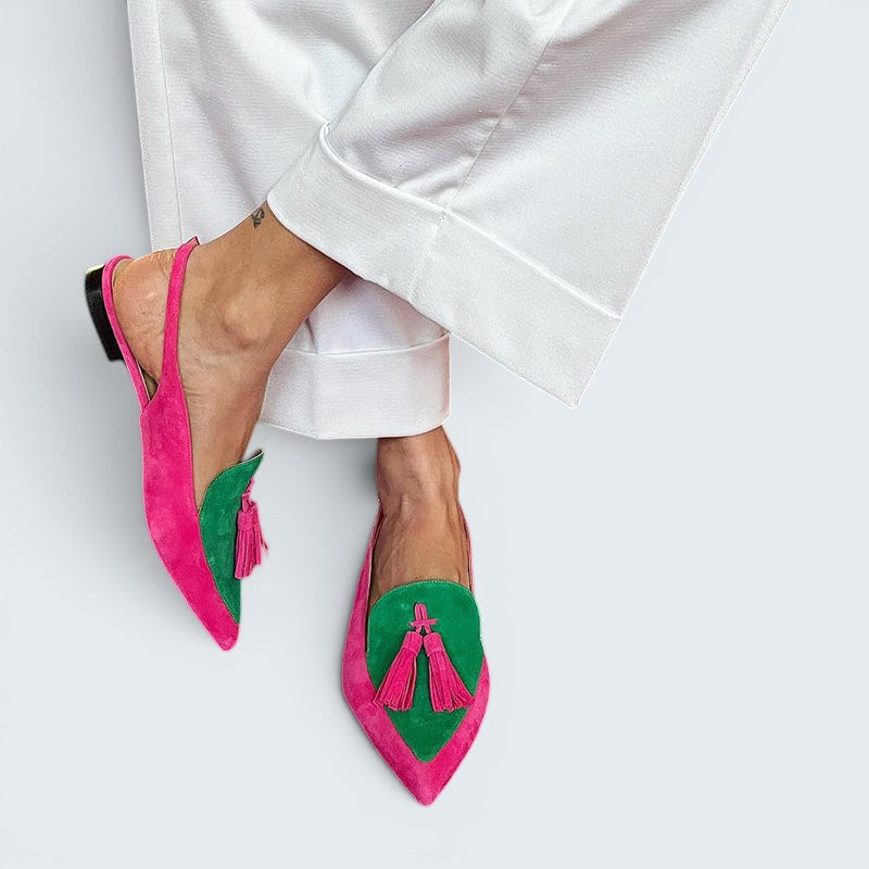 Colourful fringe ballet flats with decorative ankle strap in green, yellow and purple