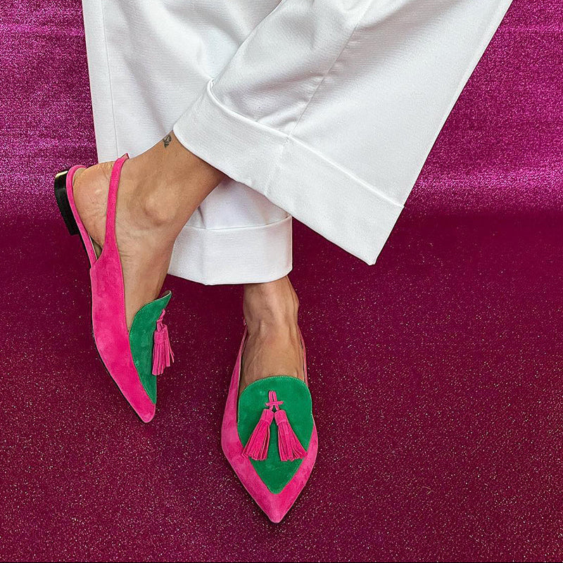 Colourful fringe ballet flats with decorative ankle strap in green, yellow and purple