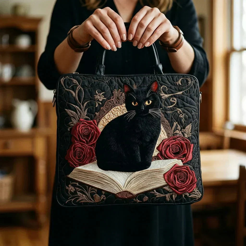 Artisan quilted tote bag with a black cat on books design, shown in two sizes