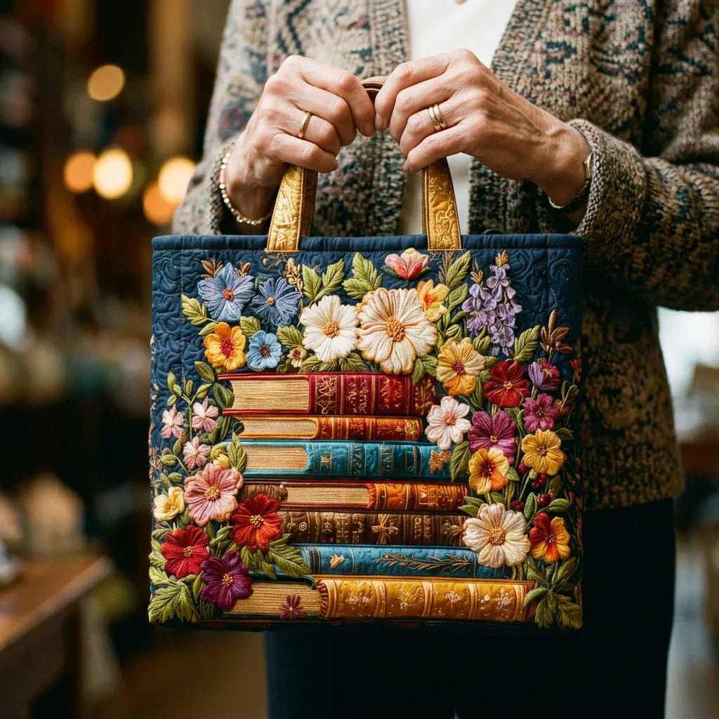 Handmade artisan tote bag with floral print, shown in two sizes