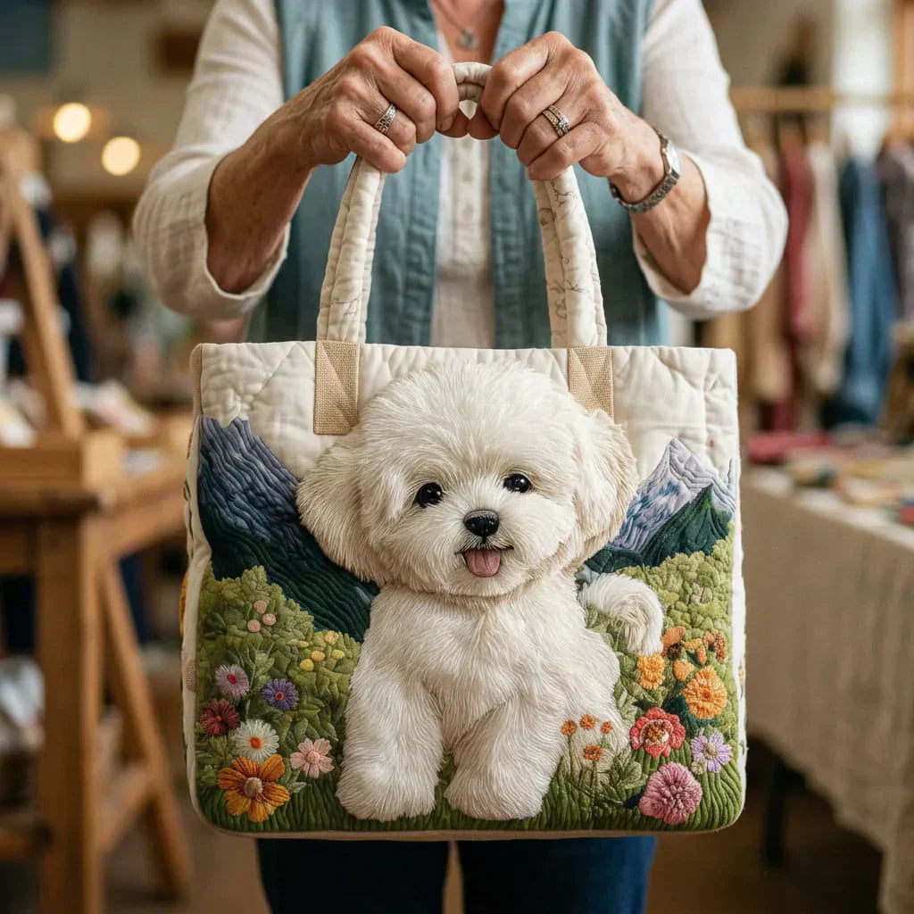 Enchanted Dog quilted artisan bag with dog print, shown in two sizes