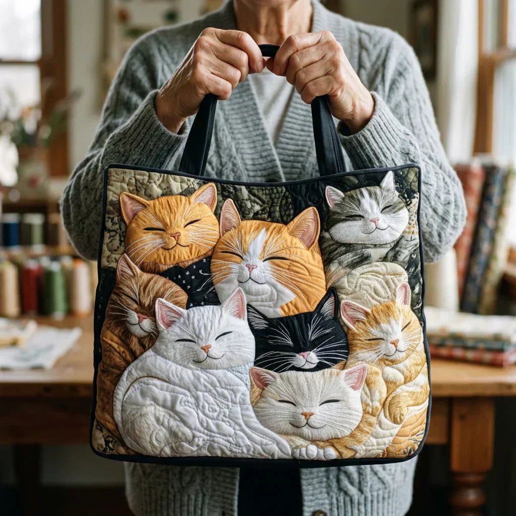 Handmade quilted artisan tote bag featuring a cute sleeping kittens print
