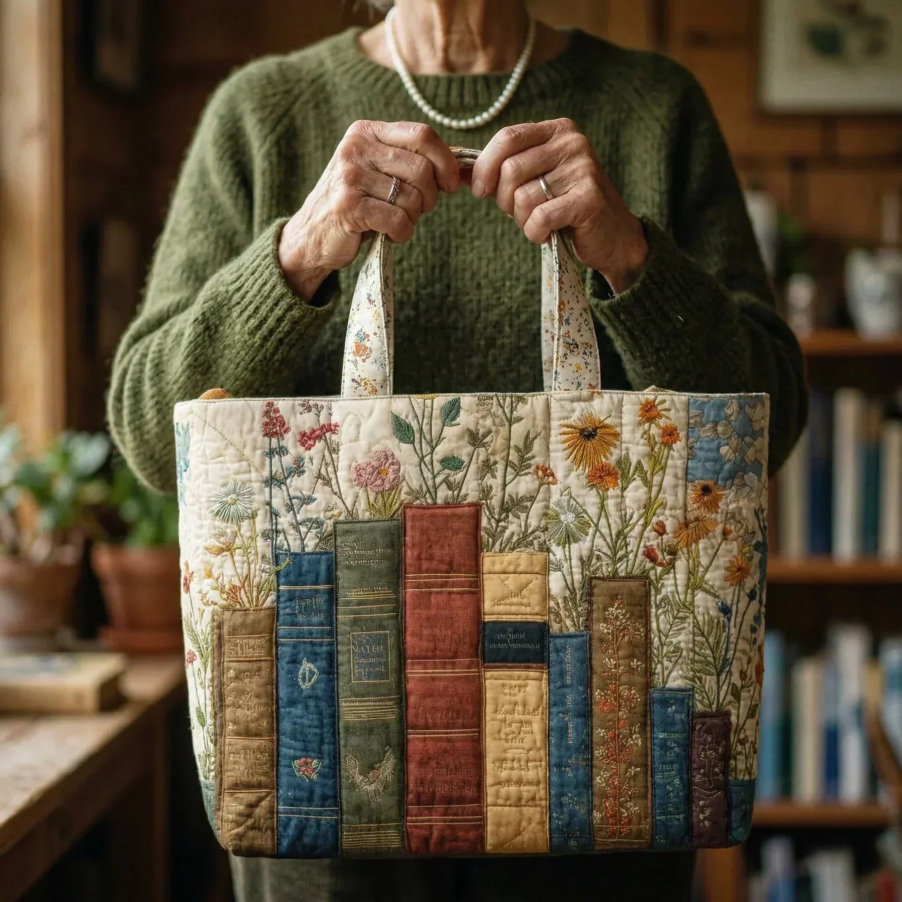 Handmade quilted Books and Flowers tote bag with floral design, shown in two sizes