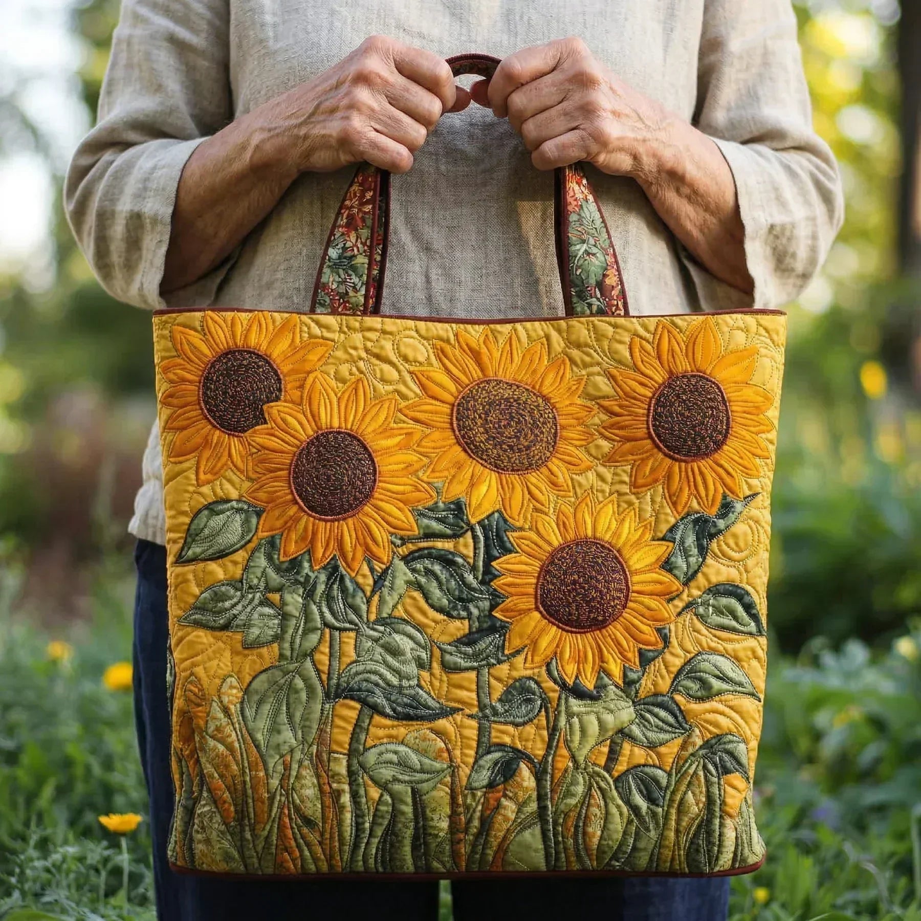 Handmade quilted tote bag in a yellow sunflower print, shown in two sizes