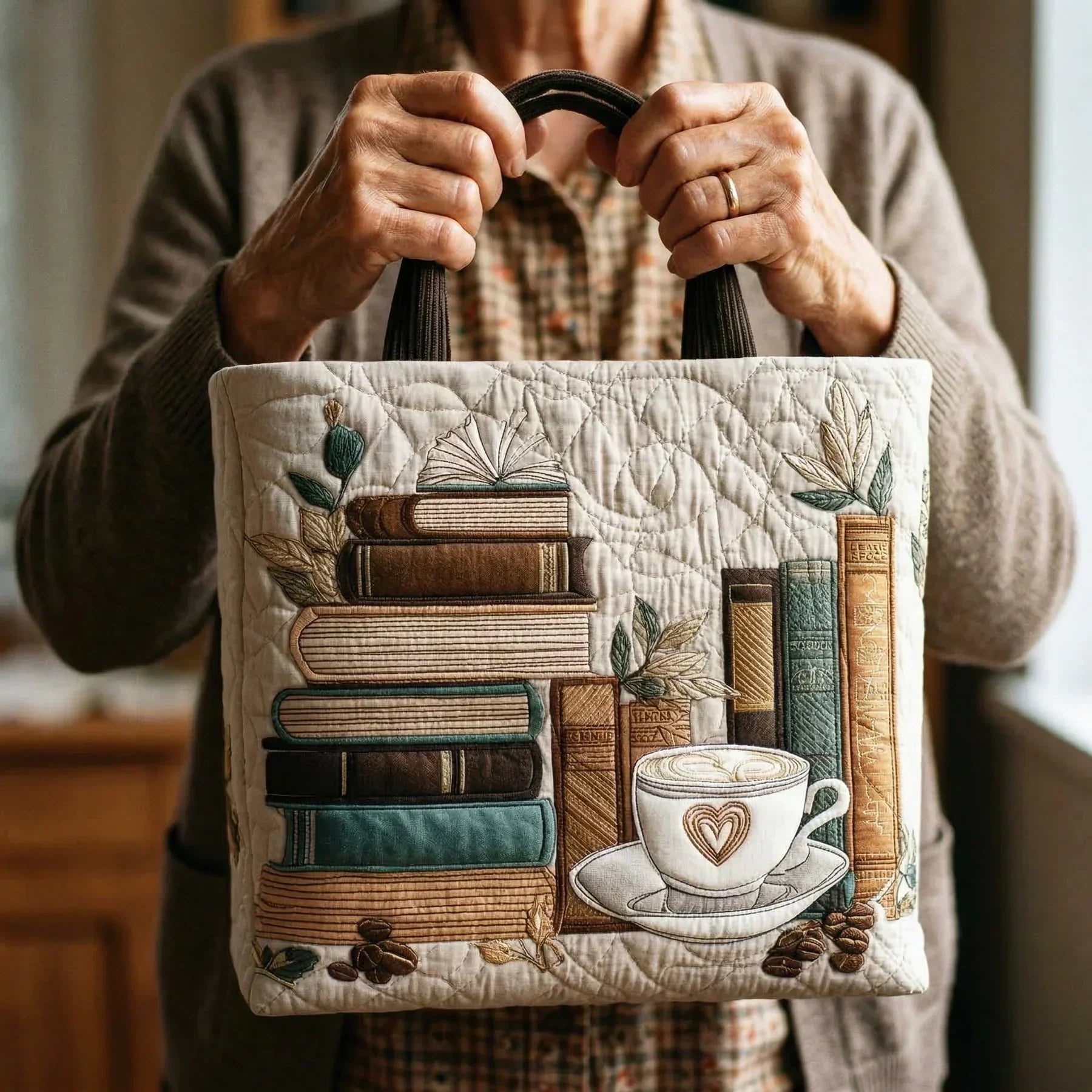 Coffee Chapter artisanal handmade tote bag in a warm neutral coffee tone