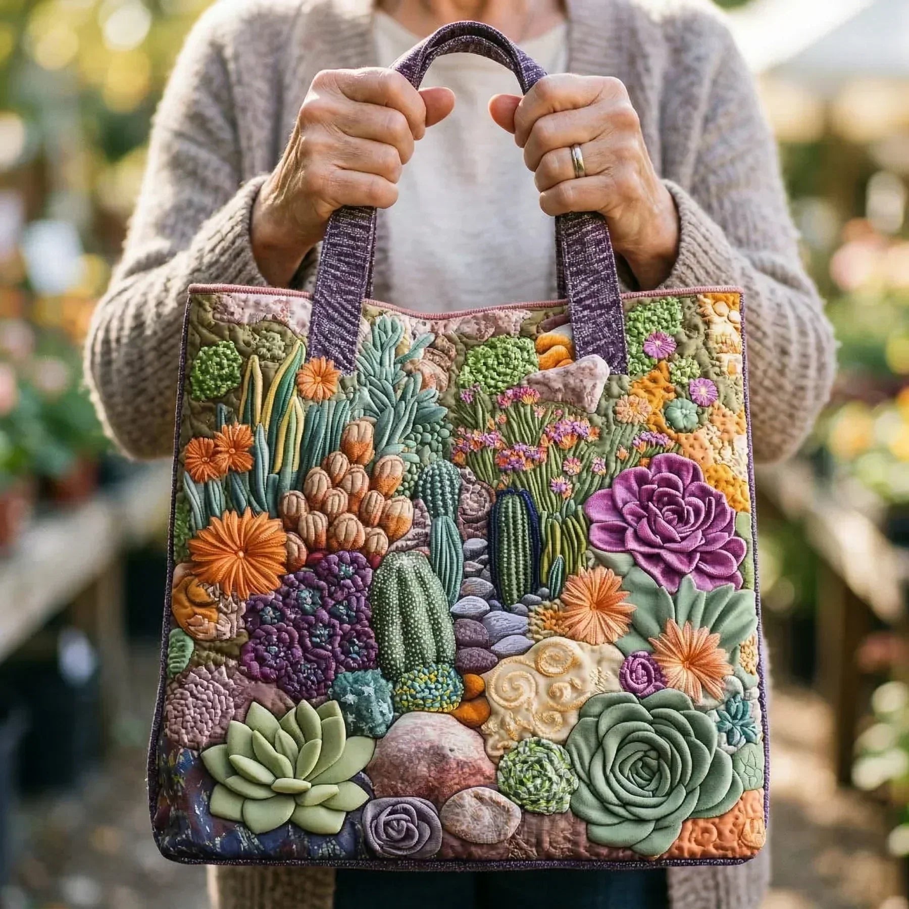 Artisanal handmade Succulent Garden bag with floral succulent design
