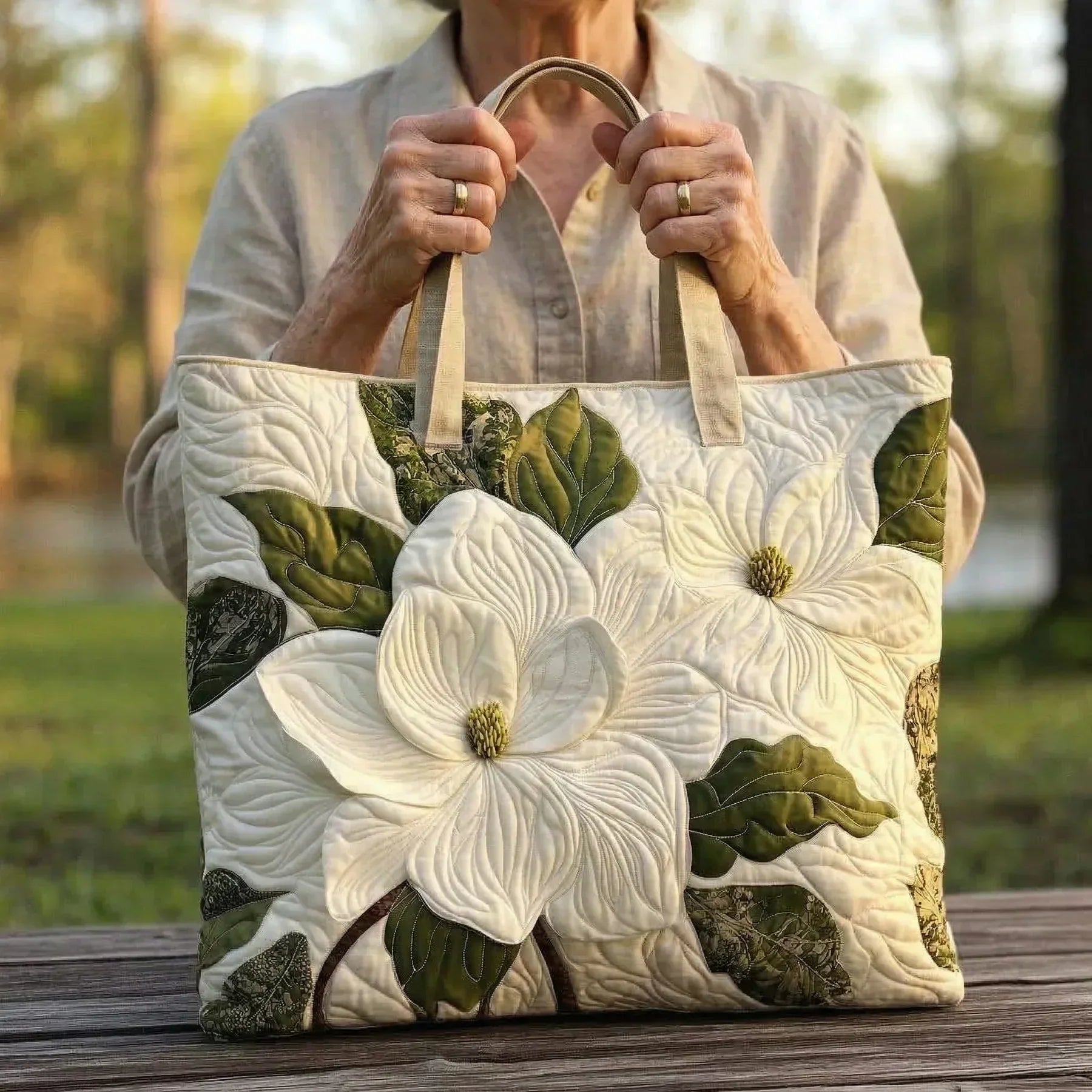 Handmade quilted tote bag with an elegant white lilies floral print
